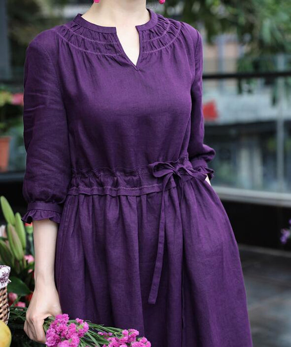 Waist Line Purple  Linen Spring Dresses
