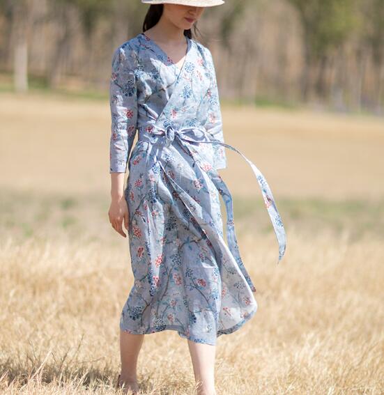 Print-Floral-100%-linen-women-Dresses-V-neck-summer-spring-women-dresses-waist-belt (10)