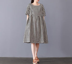 Plaid Cotton Linen Dresses Women Long Dresses Short Sleeve SimpleLinenLife Plaid Cotton Linen Dresses Women Long Dresses Short Sleeve SimpleLinenLife