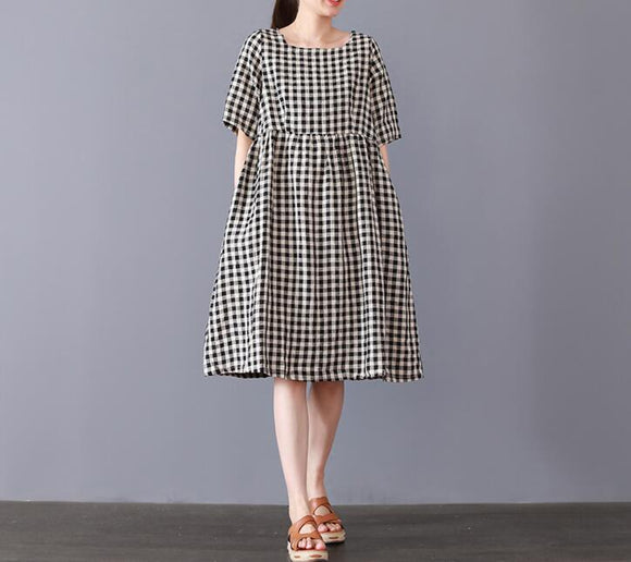 Plaid Cotton Linen Dresses Women Long Dresses Short Sleeve SimpleLinenLife Plaid Cotton Linen Dresses Women Long Dresses Short Sleeve SimpleLinenLife