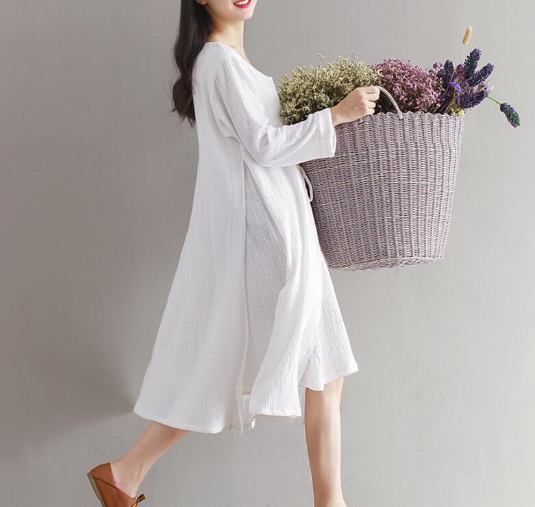 knee length dresses for ladies Blue Plus Size Casual Cotton Linen Dresses For Women Q9043– FantasyLinen main image 1