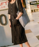 Black Shirts Linen Dress Buttons Midi Dresses CH90413