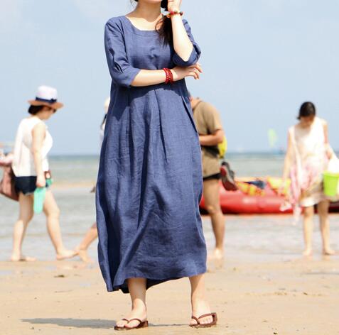 Linen Women Dresses 3/4 Sleeves O Neck Dresses Spring Summer Women Dre –  SimpleLinenLife