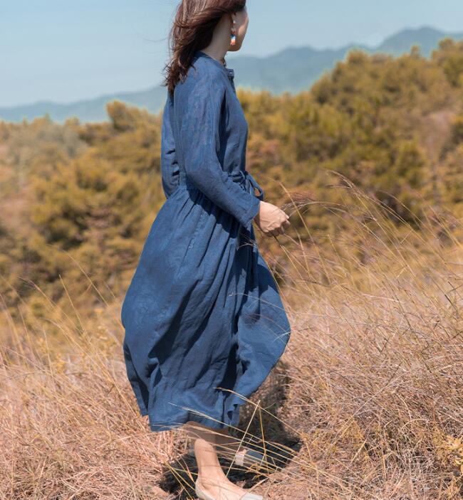 fitted lace wedding dress Navy Linen Long Sleeve Autumn Women Shirt Linen Dresses S90921