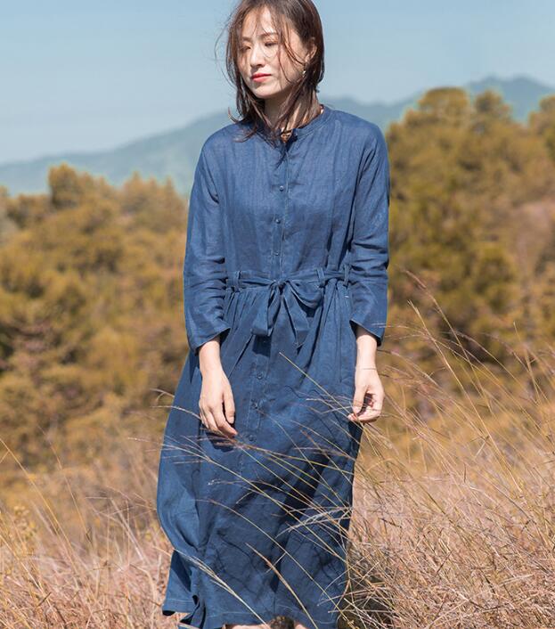 Navy Linen Long Sleeve Autumn Women Shirt Linen Dresses S90921 –  SimpleLinenLife
