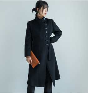 Stand Collar Black Women Cashmere Coat Winter Black Long Wool
