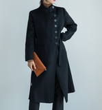 Stand Collar Black Women Winter Long Women Wool Coat Jacket 23110