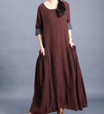 O Neck Pleated Side Pockets Long Sleeve Print Linen Women Maxi Dresses  LVSG200122