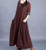O Neck Pleated Side Pockets Long Sleeve Print Linen Women Maxi Dresses  LVSG200122