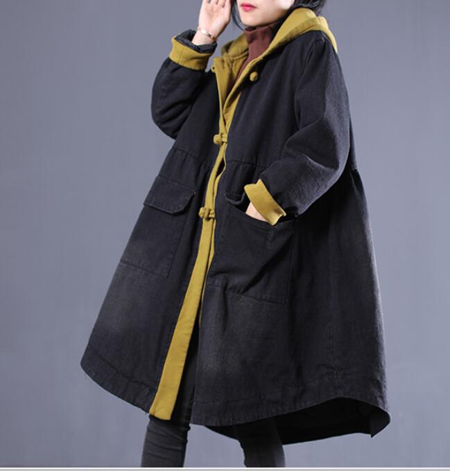 Patchwork Women Casual Padded Coat Loose Hooded A line Parka Plus