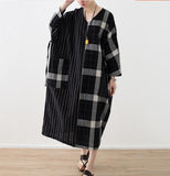 V Neck Patchwork Spring Cotton Linen Loose Long Dresses Plus Size AMT962328