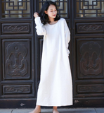 Long Sleeve Jacquard Linen Cotton O Neck Women Dress