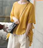 Yellow Spring Loose Women Casual Tunic Linen Shirts Women Tops