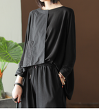 Black Patchwork Long Sleeves Loose Style T-Shirts Spring Tops H9508