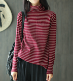 Striped High Collar Long Sleeves Knit T-Shirts Spring Tops H9508