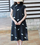 Embroidery Feather Linen O Neck Women Dress
