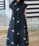 Embroidery Feather Linen O Neck Women Dress