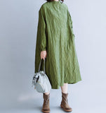 Wrinkled Green Loose Women Hooded  Linen Sleeve Spring Dresses