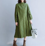 Wrinkled Green Loose Women Hooded  Linen Sleeve Spring Dresses