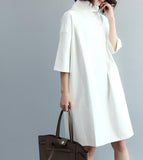 White Loose Women High Collar Knit Cotton Spring Dresses
