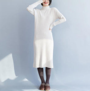 White Knit Long Sleeve High Collar Sweater Spring Dresses