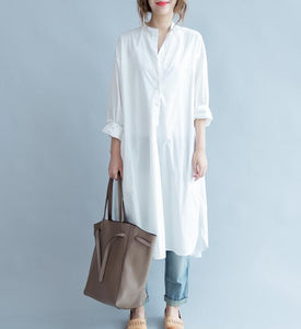 Loose Slit Buttons White Round Neck Shirts Spring Dresses