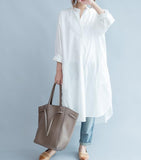 Loose Slit Buttons White Round Neck Shirts Spring Dresses