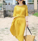Yellow Waist Line Long Summer Linen Spring Dresses