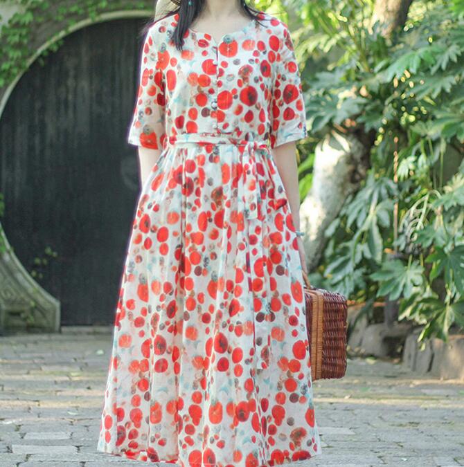 Red Floral Dotted Loose Long Summer Linen Cotton O Neck Spring Dresses   SimpleLinenLife