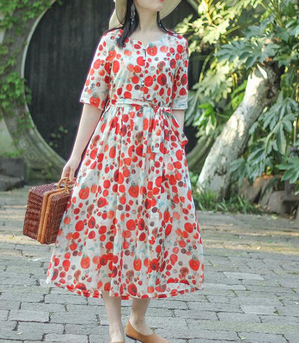 chinese dress ladies Red Floral Dotted Loose Long Summer Linen Cotton O Neck Spring Dresses