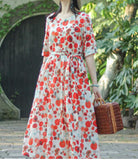 Red Floral Dotted Loose Long Summer Linen Cotton O Neck Spring Dresses