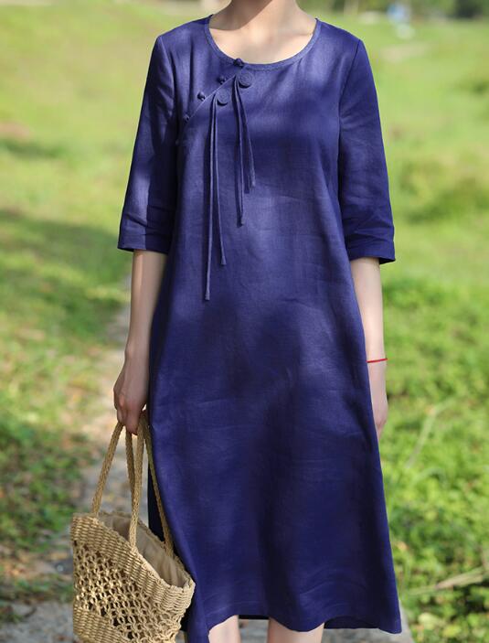 Navy Blue Women Dresses Casual Summer Linen Women Dresses Hand Made Bu –  SimpleLinenLife