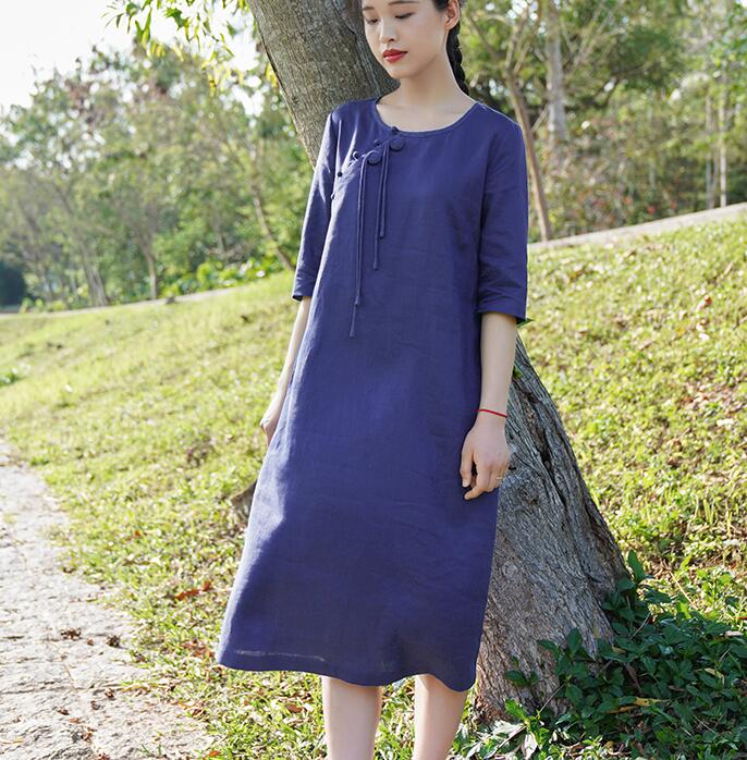 Navy Blue Women Dresses Casual Summer Linen Women Dresses Hand Made Bu   SimpleLinenLife