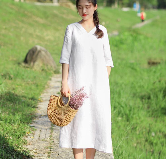 White Pleated Neck Women Dresses Casual Summer Linen Women Dresses Half Sleeve SSM97215
