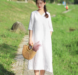 White Pleated Neck Women Dresses Casual Summer Linen Women Dresses Half Sleeve SSM97215