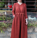 Red Women Dresses Casual Spring Linen Women Dresses Long Sleeve SSM97215