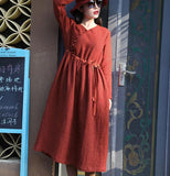 Red Women Dresses Casual Spring Linen Women Dresses Long Sleeve SSM97215