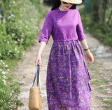 Purple Patchwork Women Dresses Casual Spring Linen Women Dresses Half Sleeve SSM97215