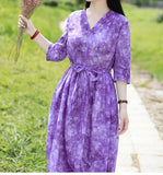 Purple Floral Women Dresses Casual Spring Linen Women Summer Dresses Half Sleeve SSM97215