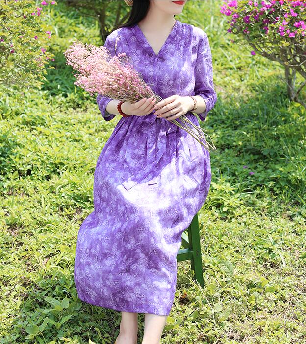 Purple Floral Women Dresses Casual Spring Linen Women Summer Dresses H –  SimpleLinenLife