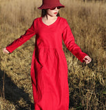 Red Women Dresses Ramie Casual Spring Linen Women Dresses With Waist BeltSSM97215
