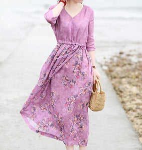 Purple Flroal Women Dresses Ramie Casual Spring Linen Women Dresses Short Sleeve SSM97215