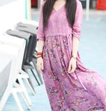 Purple Flroal Women Dresses Ramie Casual Spring Linen Women Dresses Short Sleeve SSM97215