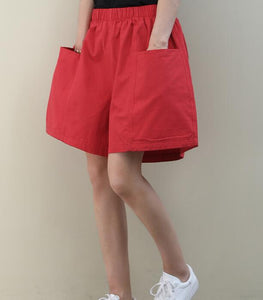 Red Cotton Linen Summer Women Shorts