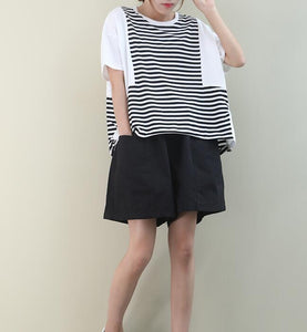 Patchwork A-Line Striped Loose Casual Summer Women Cotton Tops WG961707