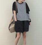 Patchwork A-Line Striped Loose Casual Summer Women Cotton Tops WG961707