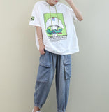 Cartoon A-Line Print Loose Casual T-Shirts Summer Women Cotton Tops WG961707