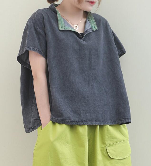 Color Block Collar Loose Casual T-Shirts Summer Women Cotton Tops WG961707