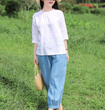 White Linen Blouse Simple Style Shirts Summer Tops  SMM9508