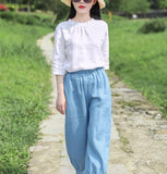 White Linen Blouse Simple Style Shirts Summer Tops  SMM9508
